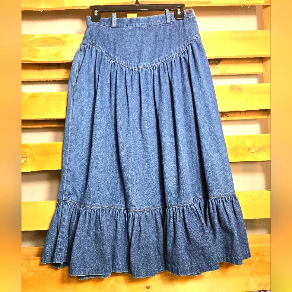 Bon Bon Vintage Denim Gathered Tiered Skirt Size:S/M Color:Blue - Picture 1 of 9